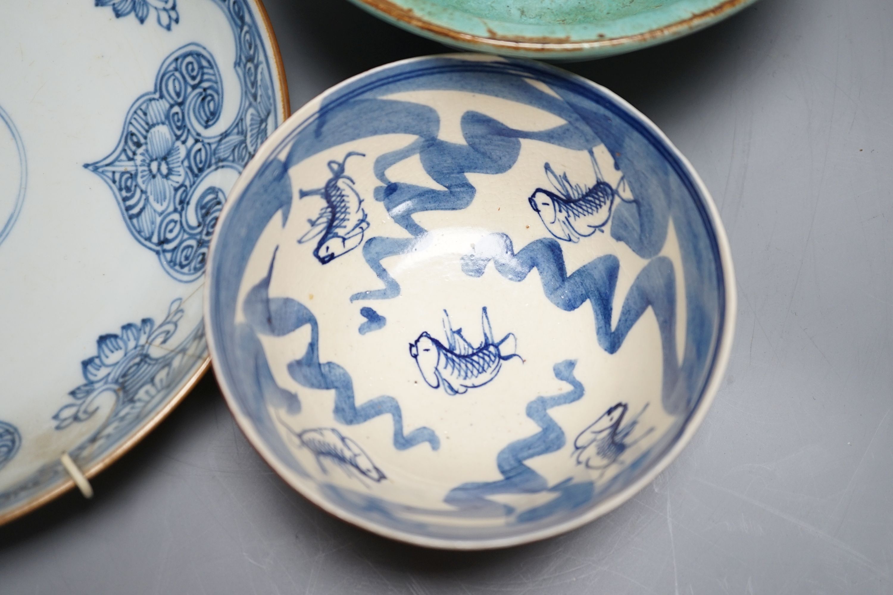 A 19th century blue and white dish, 22cm, together with three others